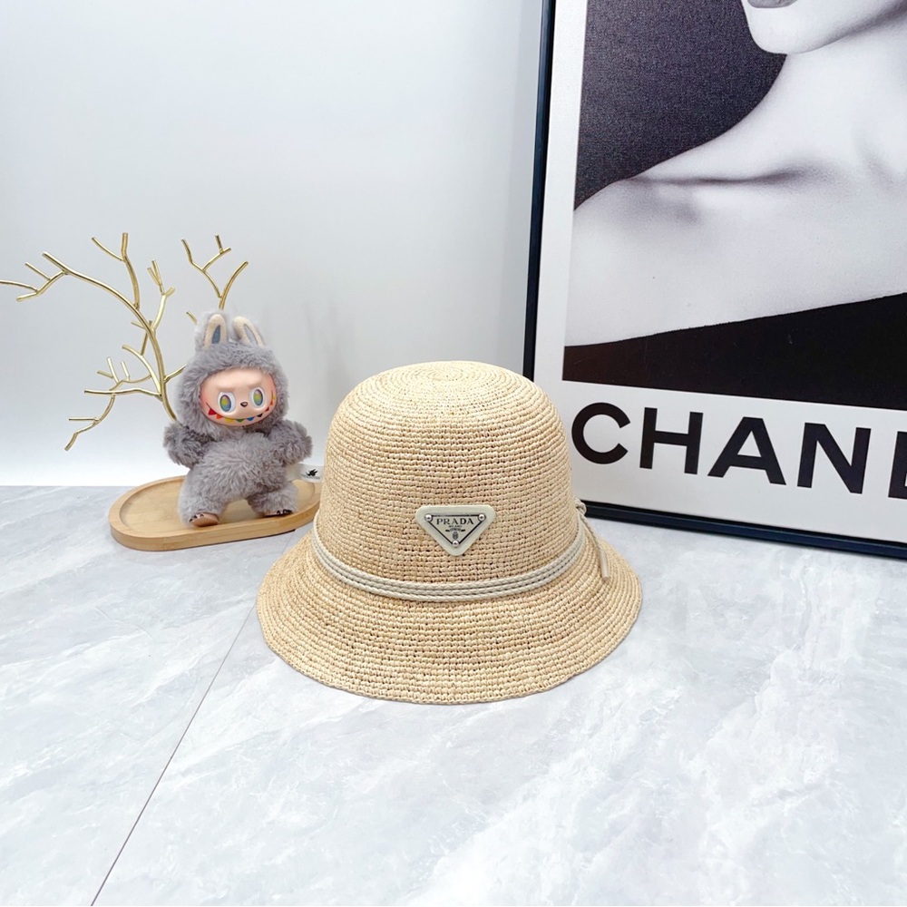 Prada Triangle Logo Straw Bucket Hat - Picture 5 of 8